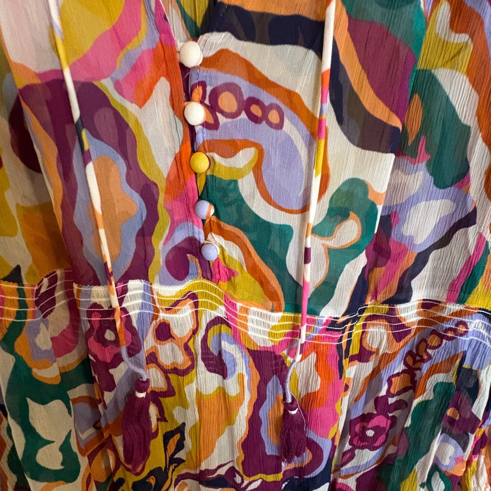 Anthropologie Abstract Print Midi Dress Smocked Waist Ruffle Neck Tassel Tie - Picture 2 of 8